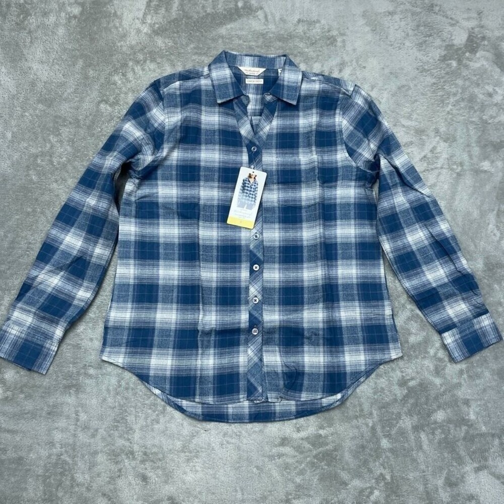 Weatherproof Vintage Womens Blue Plaid Comfort Stretch Button-Down Shirt S b0013
